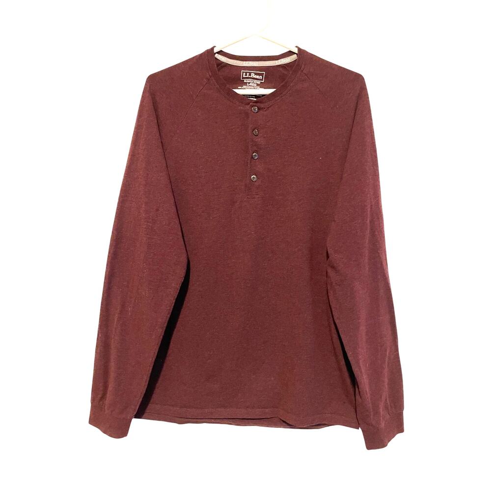 L.L Bean Burgundy Cotton Henley Slightly Fitted Long Sleeve Button Large Men's